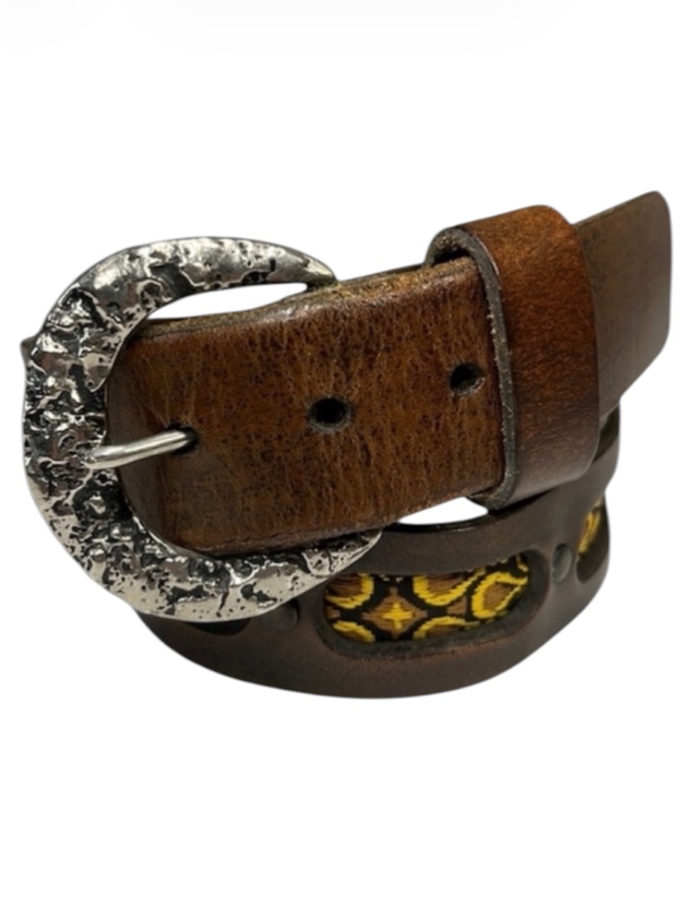 VTG Chunky Leather Studded Jacquard Belt, Wide Unisex Bohemian Tapestry Moto